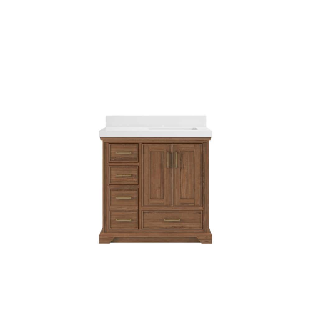 "Charlotte Teak 36 in. W x 22 in. D x 36 in. H Right Offset Sink Bath Vanity in Dark Natural with 2"" White Quartz Top" price history on PriceWatchPro