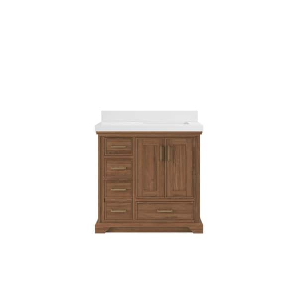 Willow Collections Charlotte Teak 36 in. W x 22 in. D x 36 in. H Right Offset Sink Bath Vanity in Dark Natural with 2" White Quartz Top