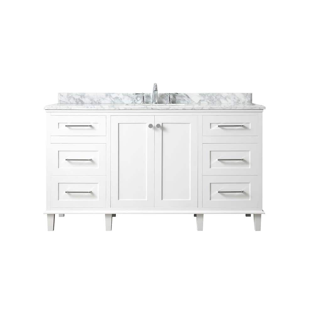 Home Decorators Collection Heathermore 60 In W X 22 In D In White With Marble Top In Carrera With White Basins Heathermore 60w The Home Depot