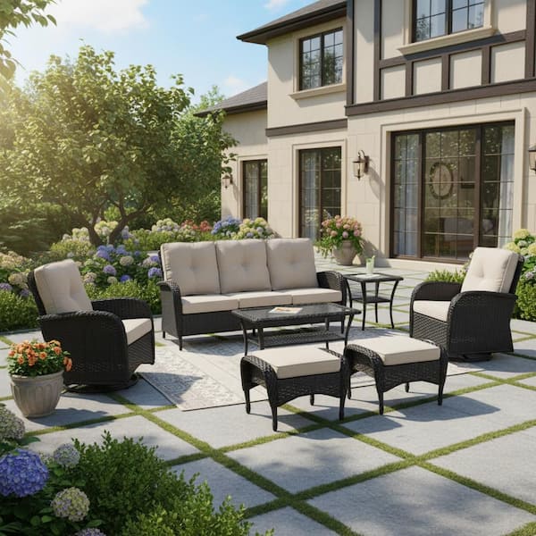 HEIMI 7-Piece Black Wicker Patio Conversation Set with Beige Cushions