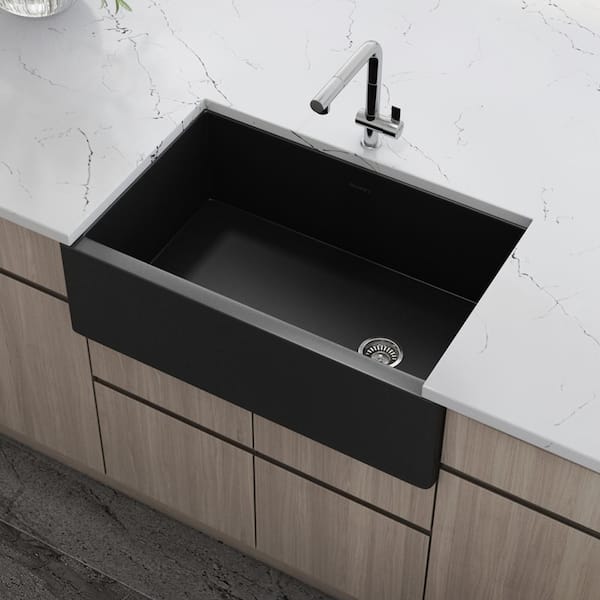 Fiamma 30 in. Apron-Front Farmhouse Single Bowl Fireclay Kitchen Sink in Matte Black with Offset Drain
