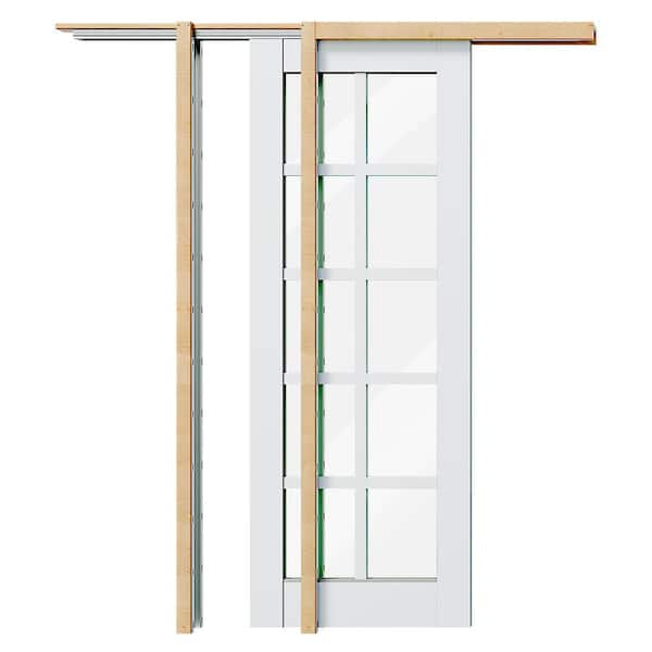 TENONER 28 in. x 80 in. 10 Lite, Clear Glass, Solid Core, DIY Painted, White Primed, MDF Sliding Door with All Hardware