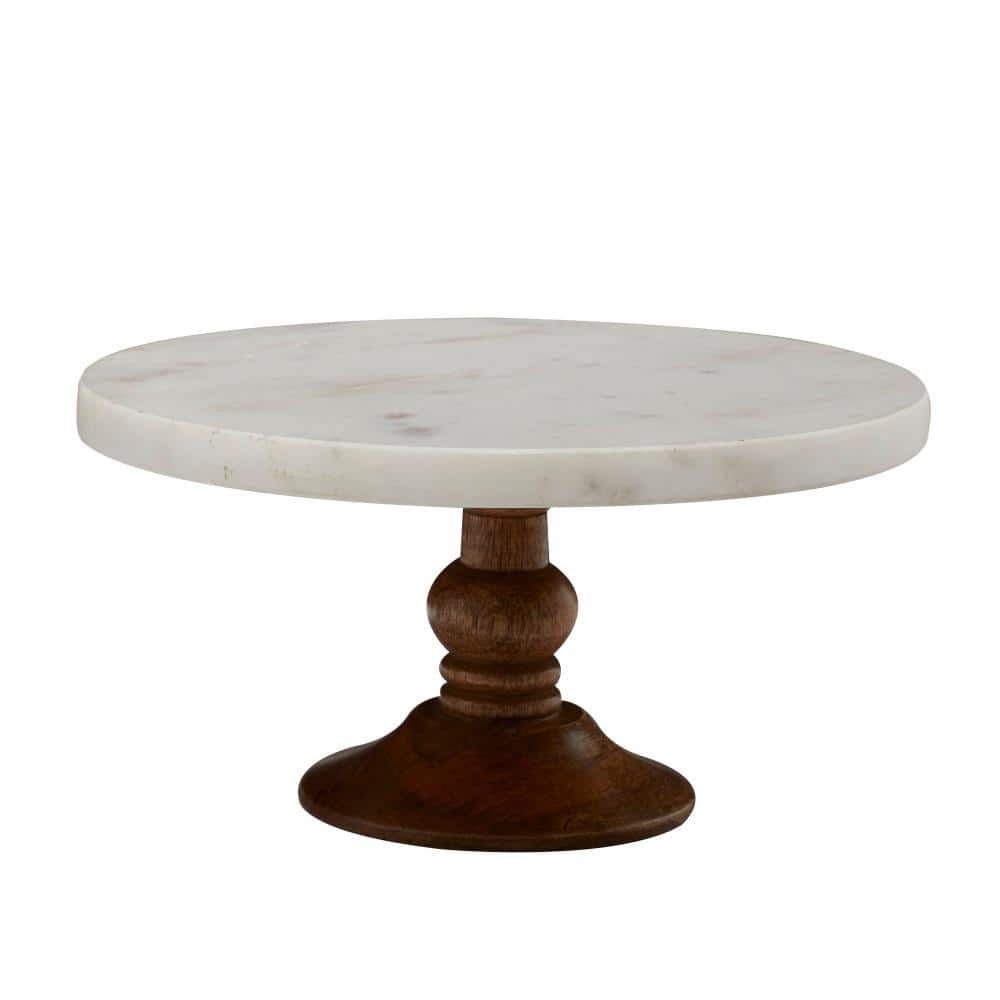 White Marble and Brown Wood Cake Stand, 10" x 5"