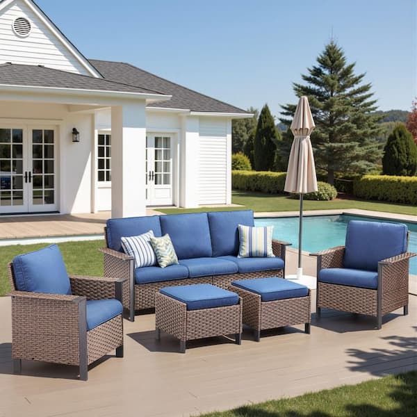 5-Piece Brown Wicker Patio Conversation Set with Ottomans, Outdoor Sofa Couch Seating Set with Blue Cushions