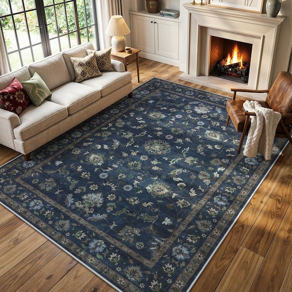Vintage Floral Vine Washable Non-Slip Blue 8 ft. x 10 ft. Area Rug