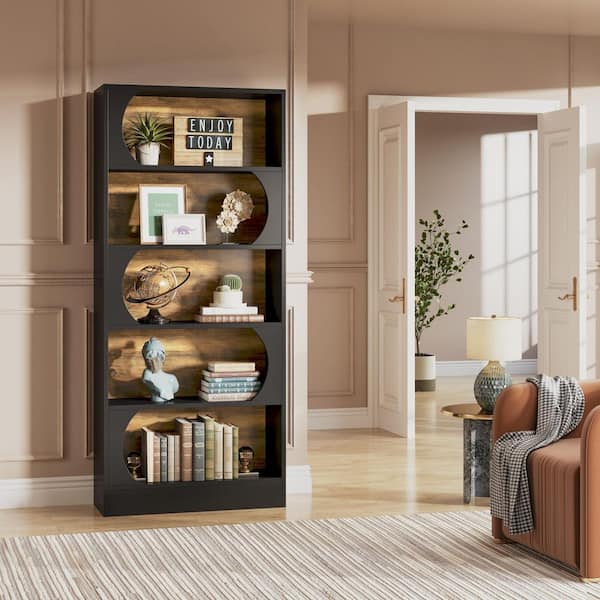 Eulas 71 in. Tall Black Wood 5-Shelf Standard Bookcase with Interior Shelves, Storage, 5 Tier Bookcase Living Room Home