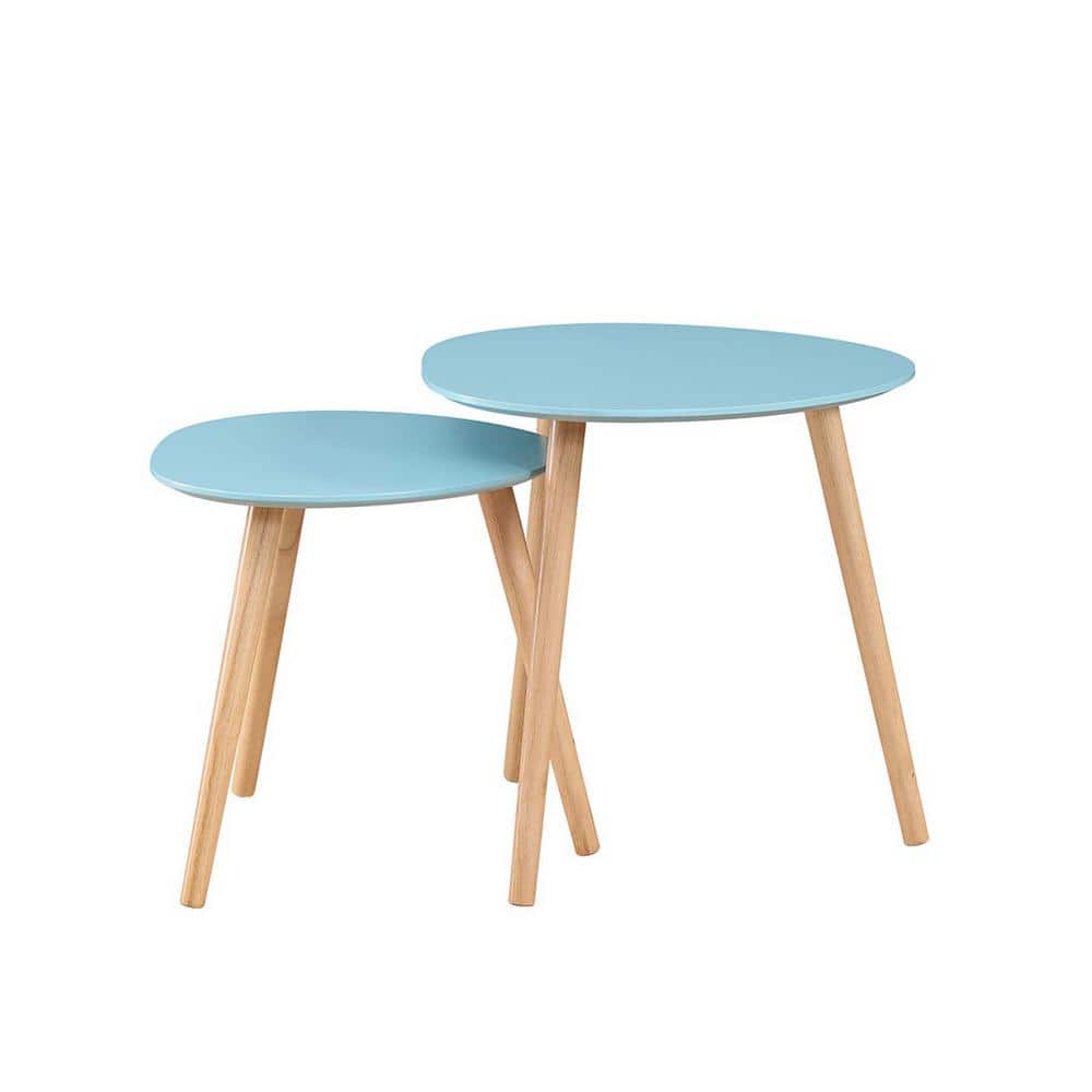 Sea Foam & Light Oak Mid-Century Nesting End Tables Set