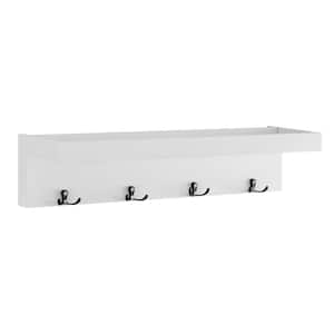 25.625 in. W White MDF Floating Decorative Wall Shelf with Hooks and Top Ledge