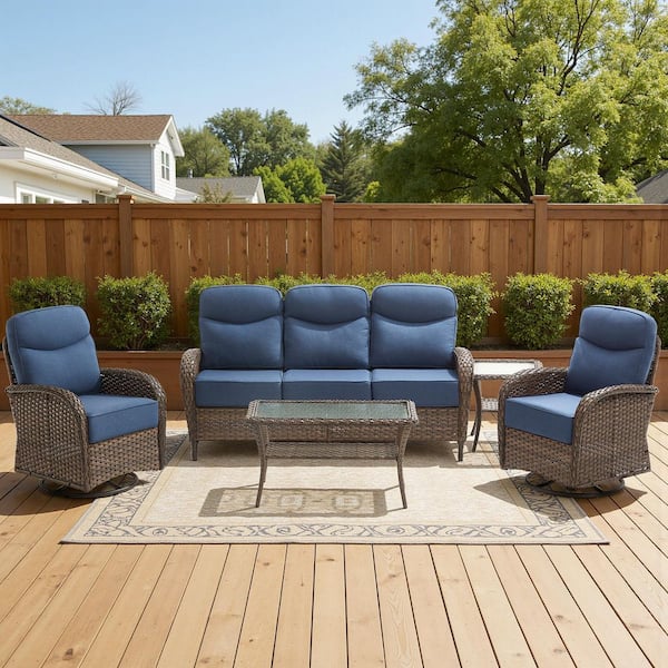 High Crescent 5-Piece Brown Wicker Patio Conversation Set with Blue Cushions