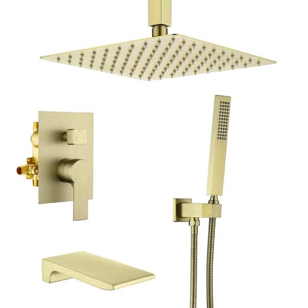 WATWAT liric Single-Handle 2-Spray 1.8 GPM 10 in. Ceiling Mount Rainfall Shower Heads with Hand Shower Faucet in Brushed Gold