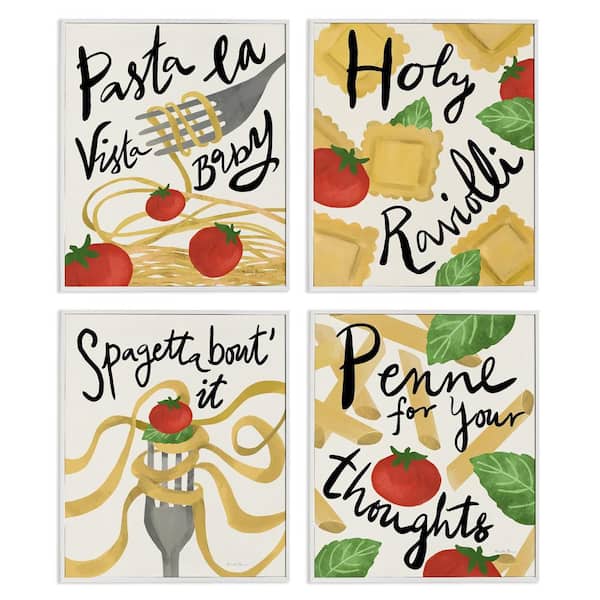 Stupell Industries Funny Pasta Puns by Farida Zaman 4 Pieces White Framed Food Giclee Art Print 14 in. x 11 in.
