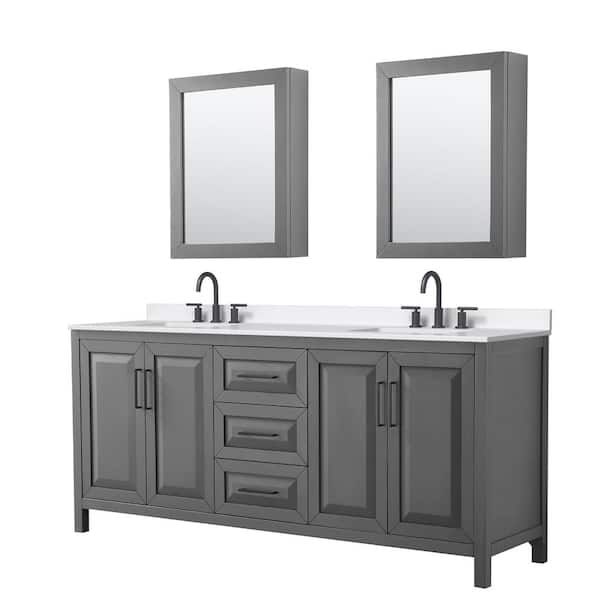 Wyndham Collection Daria 80 in. W x 22 in. D x 35.75 in. H Double Bath Vanity in Dark Gray with White Quartz Top and Mirrors