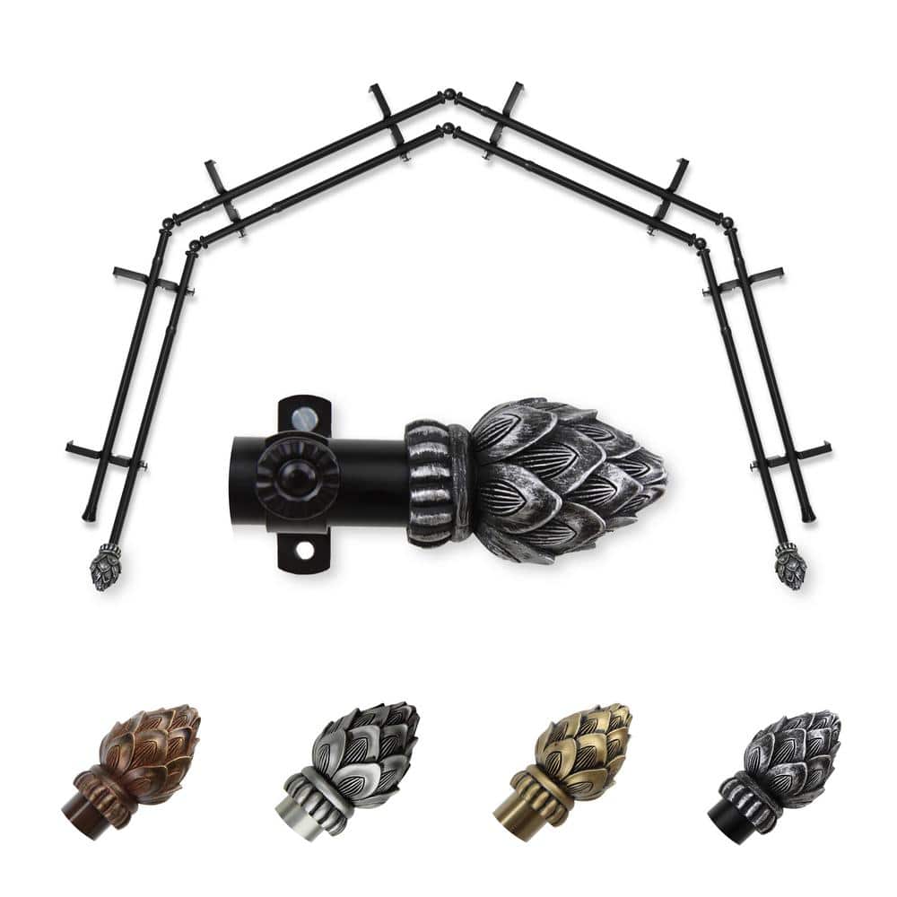 13/16" Dia Adjustable 4-Sided Double Bay Window Curtain Rod 28 to 48" (each side) with Jace Finials in Black