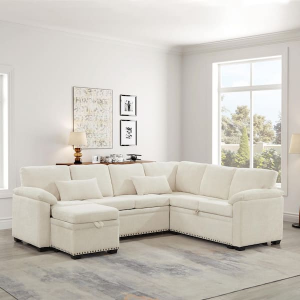 Selene Modern 97.2 in. Chenille Convertible Pull-Out Modular Sectional Sofa in. Beige with Storage Ottoman, Pillows
