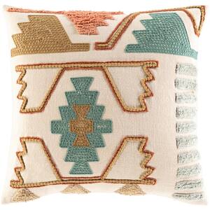 Vuenta Teal Embroidered Polyester Fill 20 in. x 20 in. Decorative Pillow