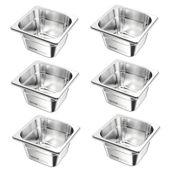 6 Pack Steam Hotel Pans, 6.8 qt. Silver Stainless Steel Roasting Pans, 1/6 Size Table Steam Pan, 4 in. Deep, Rustproof