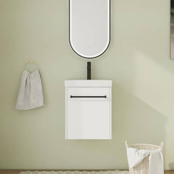 18 in. Wall-Mounted Single Glossy White Bath Vanity with White Ceramic Vanity Top Assembled