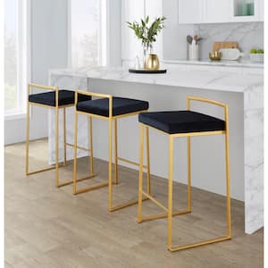 Fuji 27.75 in. Black Velvet and Gold Metal Stackable Counter Stool (Set of 3)