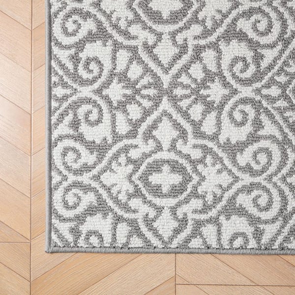 Washable Skid-Resistant Light Grey/Ivory 2 ft. x 4 ft. All Loop Tufted Area Rug