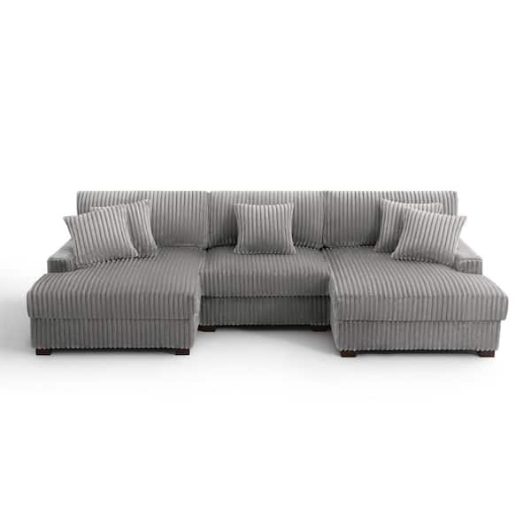 Uixe 118.31 in. W Square Arm 3-piece Faux Rabbit Fur Fabric