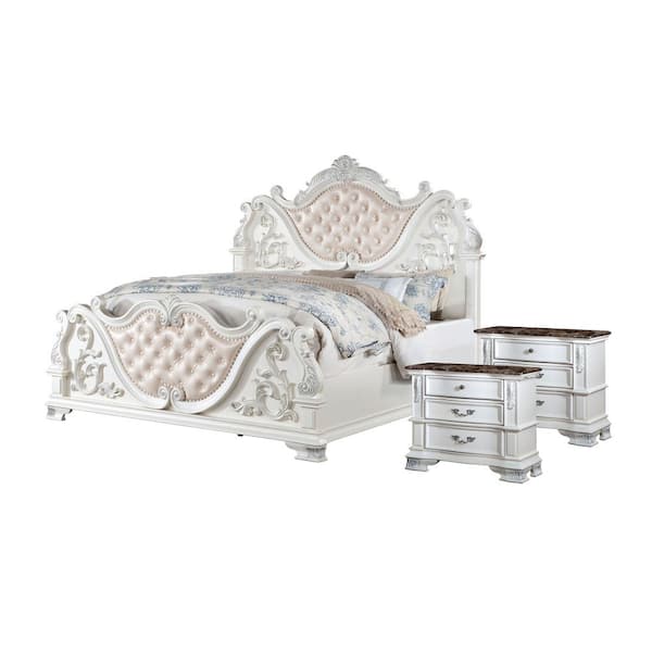 Furniture of America Florince 3-Piece Pearl White King Wood Bedroom Set With 2 Marble Top Nightstands