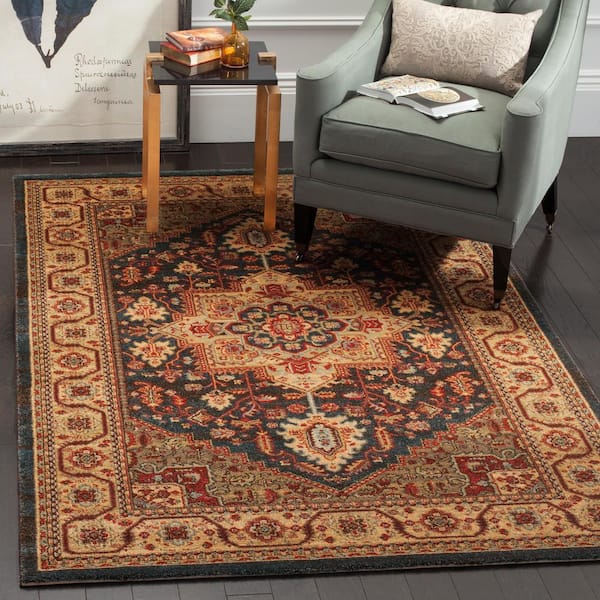 Mahal Navy/Natural Doormat 3 ft. x 5 ft. Medallion Border Area Rug