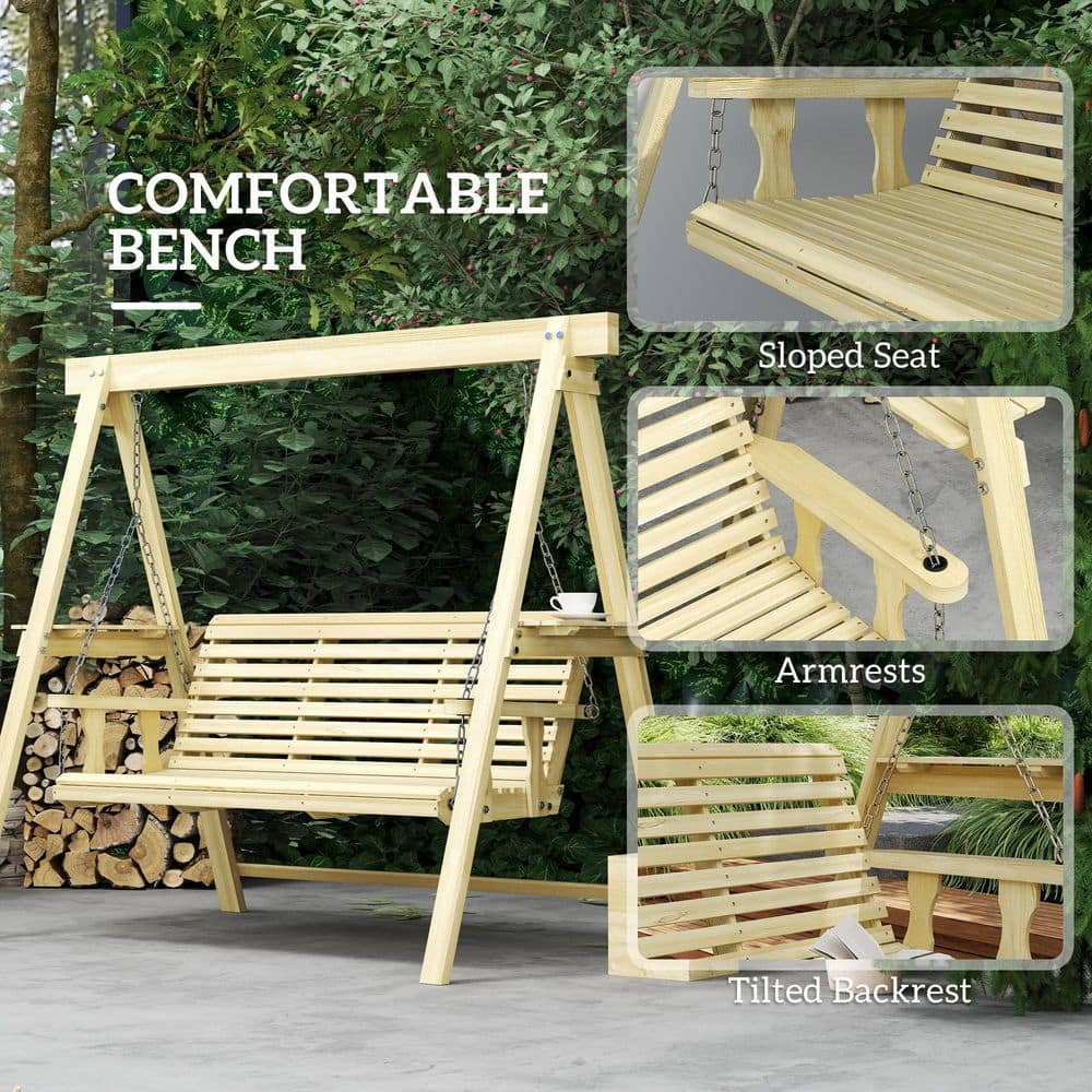 Natural Wood 3-Seat Porch Swing with Side Tables