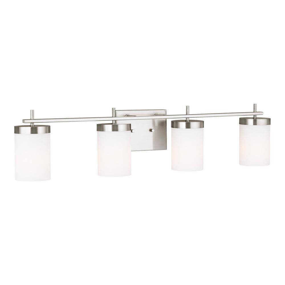Brushed Nickel Cylinder 4-Light Vanity Fixture with Etched Glass