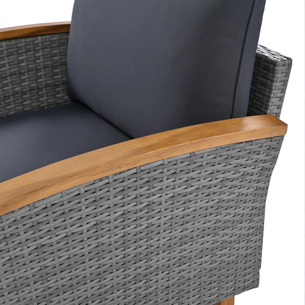 Close-up of an outdoor chair's wicker texture and wood frame.