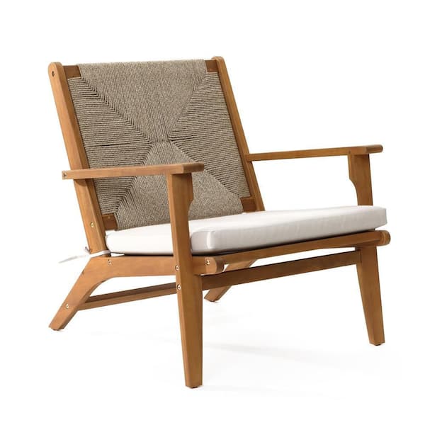 29.53 in. Wood Outdoor Deck Lounge Chair with White Seat Cushion