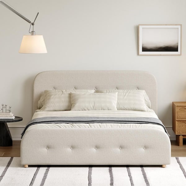 Beige-gray Linen-style Fabric Upholstery Wood & Metal Frame King Size Platform Bed, Storage Penal Bed with 2 Drawers