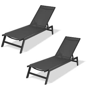 Gray 2-Piece Aluminum Chaise Lounge Chairs with Black Fabric, Adjustable Backrest, Wheels