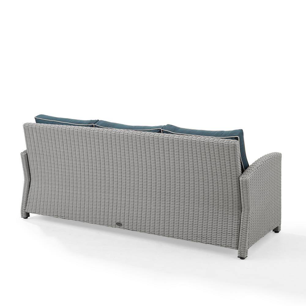 Bradenton Gray Wicker Outdoor Sofa with Navy Cushions