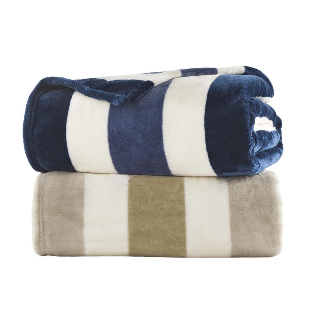 Navy and White Striped Fleece Throw Blanket