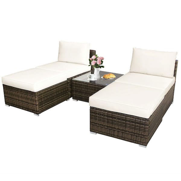 ANGELES HOME 5-Piece PE Wicker Outdoor Sofa Set Patio Conversation Set with Off White Cushions