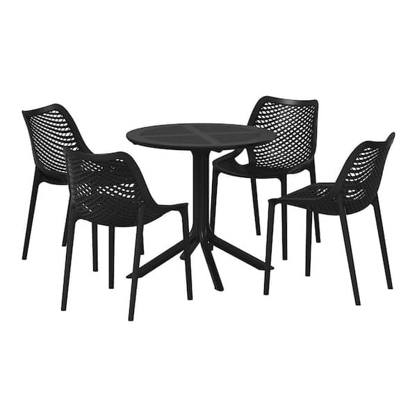 WESTIN OUTDOOR FrondandForm Modern Outdoor Patio Poly Plastic 5-Piece Round Table Dining Set w/ 4 Stackable Chairs in Black