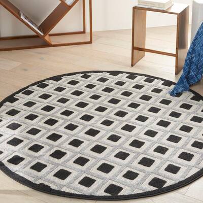 Aloha Black White 5 ft. x 5 ft. Geometric Contemporary Indoor/Outdoor Round Area Rug