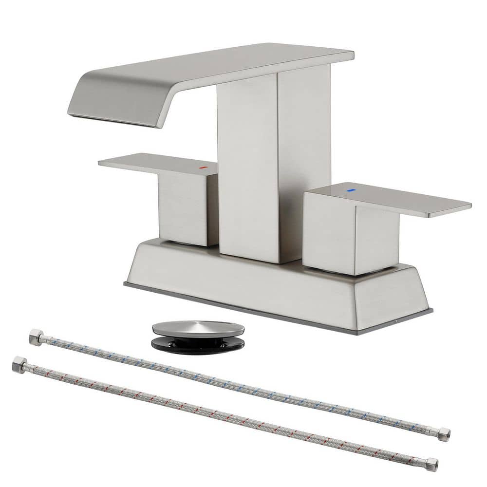 4 in. Centerset Double Handle Waterfall Bathroom Faucet with Drain Kit, Two