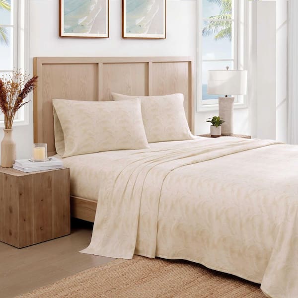 All Over Palms 4-Piece Golden Beige Sateen Cotton Queen Sheet Set