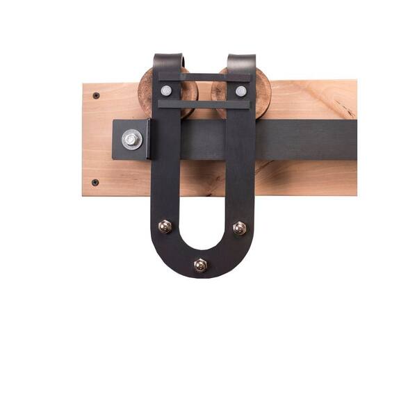Rustica Hardware 84 in. Raw Steel Sliding Barn Door Hardware Kit with Horseshoe with Bar Hangers and Industric Pull