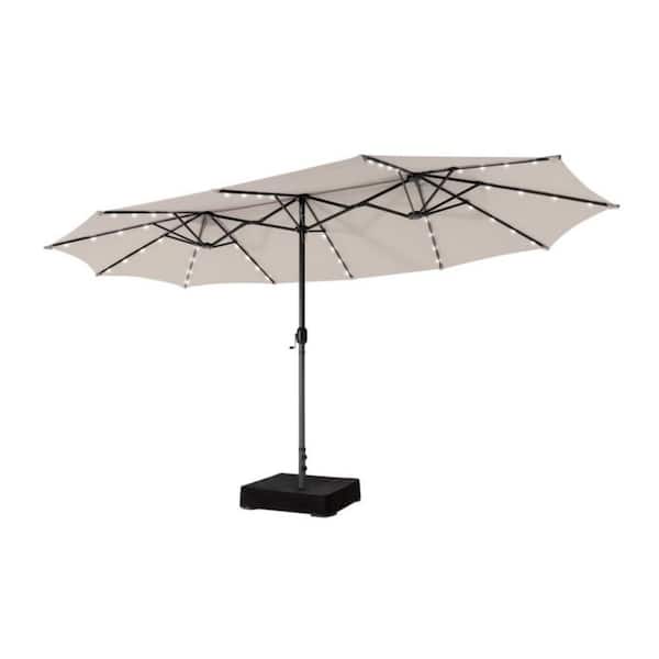 15 ft. Double-Sided Market Patio Umbrella in Beige with LED Lights