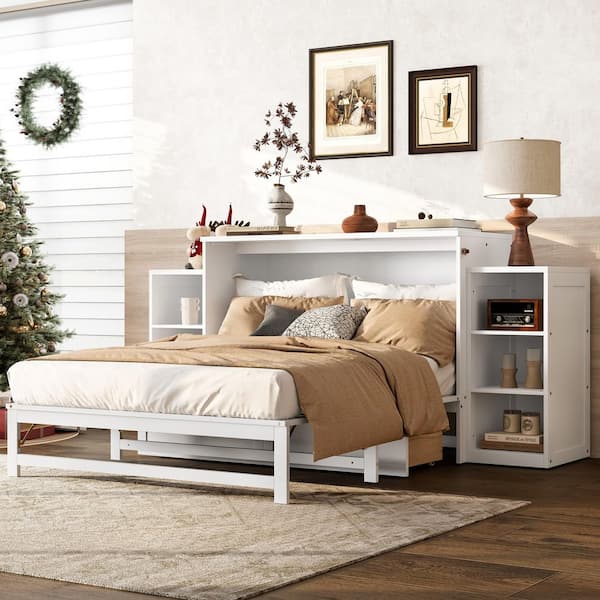 Dalton White Wood Frame Folding Full Size Murphy Bed with Spacious Storage Drawers and Shelves