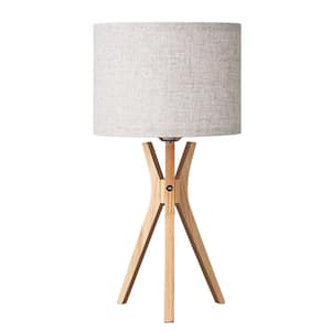 17.5 in. Natural Wooden Tripod Transitional Table Lamp with Fabric Beige Shade