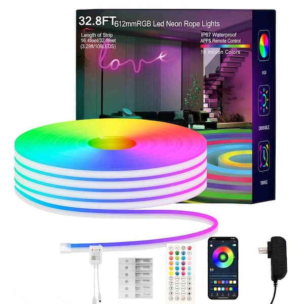 32.8 ft. Hardwired RGB Integrated LED Strip Lights, Outdoor IP67 Waterproof Music Syncing Flexible DIY Design for Gaming