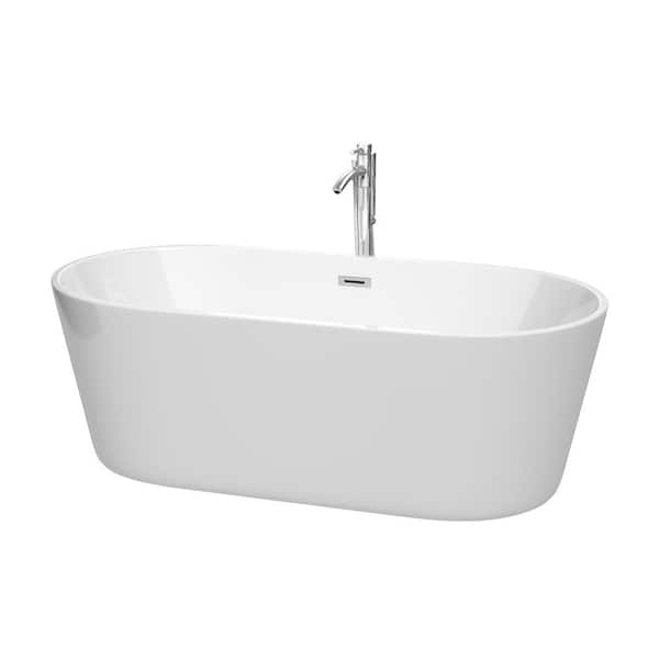 Wyndham Collection Carissa CD 67 in. x 31.5 in. Soaking Bathtub with Center Drain in White with Polished Chrome Trim & Faucet
