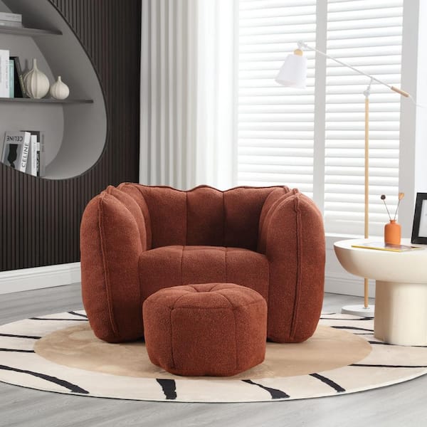 J&E Home 42.5 in. W Square Arm Bean Bag Velvet Lazy Square Sofa with Ottoman in. Red Brown