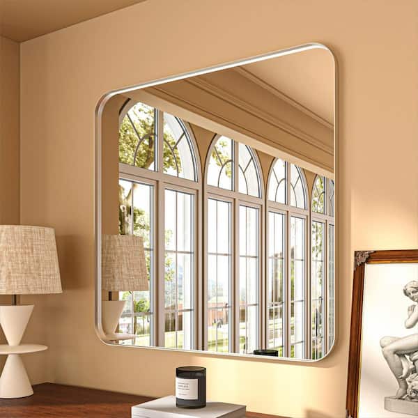 ORGANNICE 36 in. W x 36 in. H Rectangular Aluminum Framed Modern Silver Rounded Wall Mirror