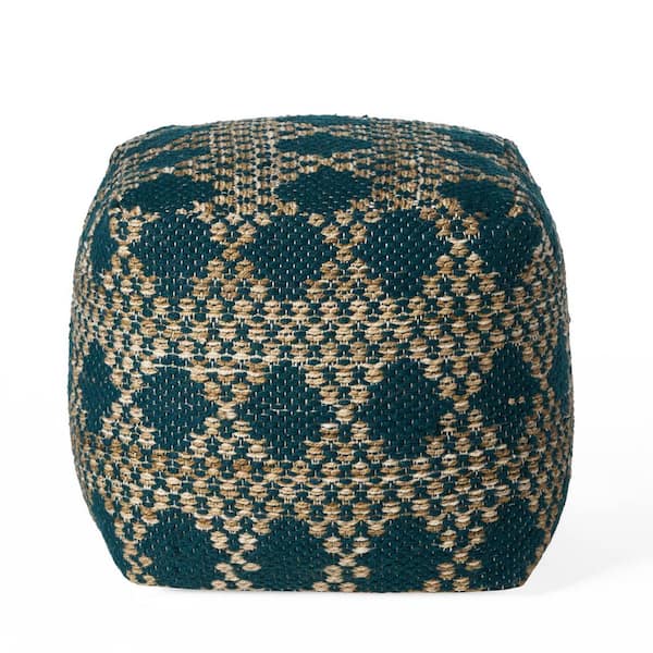 Noble House Oyabe Beige and Teal Yarn Cube Pouf