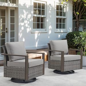 Rectangular Framed Armrest Swivel Gray Wicker Outdoor Rocking Chair with CushionGuard Gray Cushions Patio (Set 2-Pack)