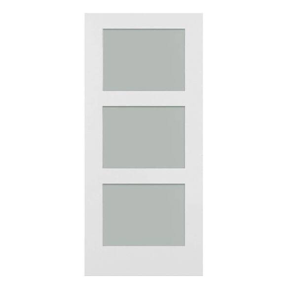 Gela 30 in. x 84 in. 3 Lite Frosted Glass White Finished MDF Barn Door Slab without Hardware Kits